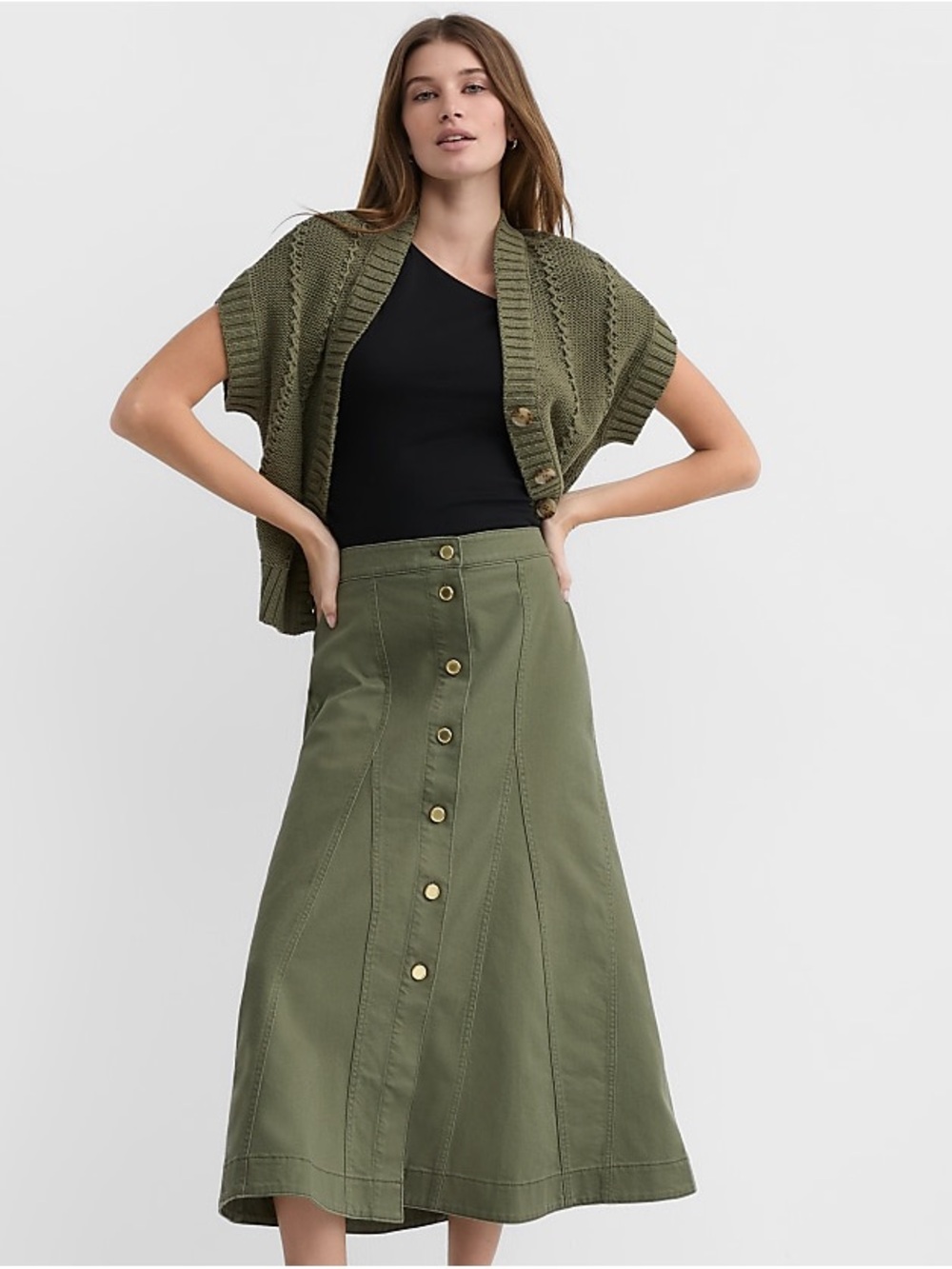 LOFT Olive Green A-Line Button-Front Skirt (10P)